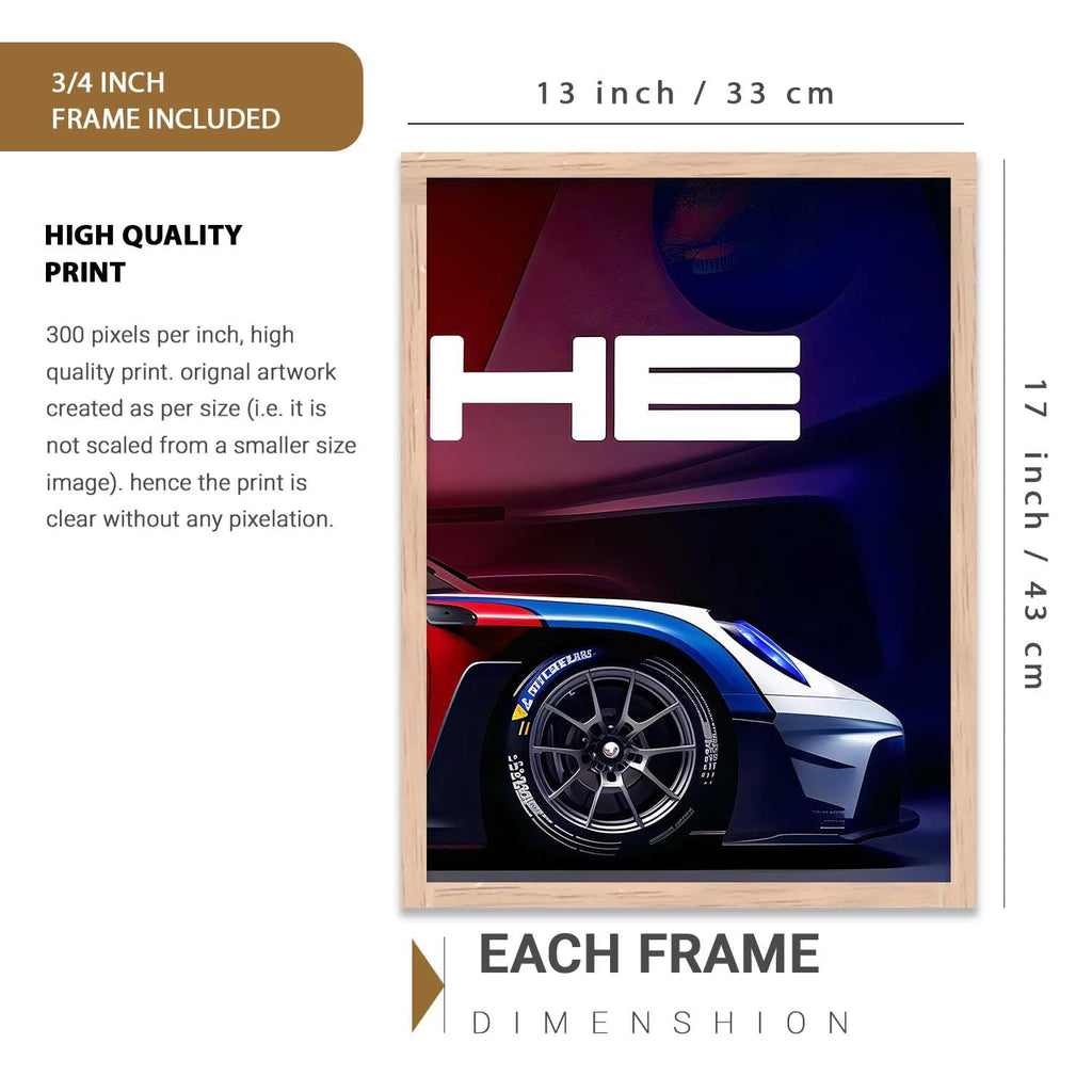 A framed poster print featuring a close-up of a blue, white, and red sports car with large white 'HE' lettering on a dark red and blue background. The image includes dimension labels showing 13 inch / 33 cm width and 17 inch / 43 cm height, plus text stating '3/4 INCH FRAME INCLUDED' and 'HIGH QUALITY PRINT'.