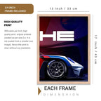 A framed poster print featuring a close-up of a blue, white, and red sports car with large white 'HE' lettering on a dark red and blue background. The image includes dimension labels showing 13 inch / 33 cm width and 17 inch / 43 cm height, plus text stating '3/4 INCH FRAME INCLUDED' and 'HIGH QUALITY PRINT'.
