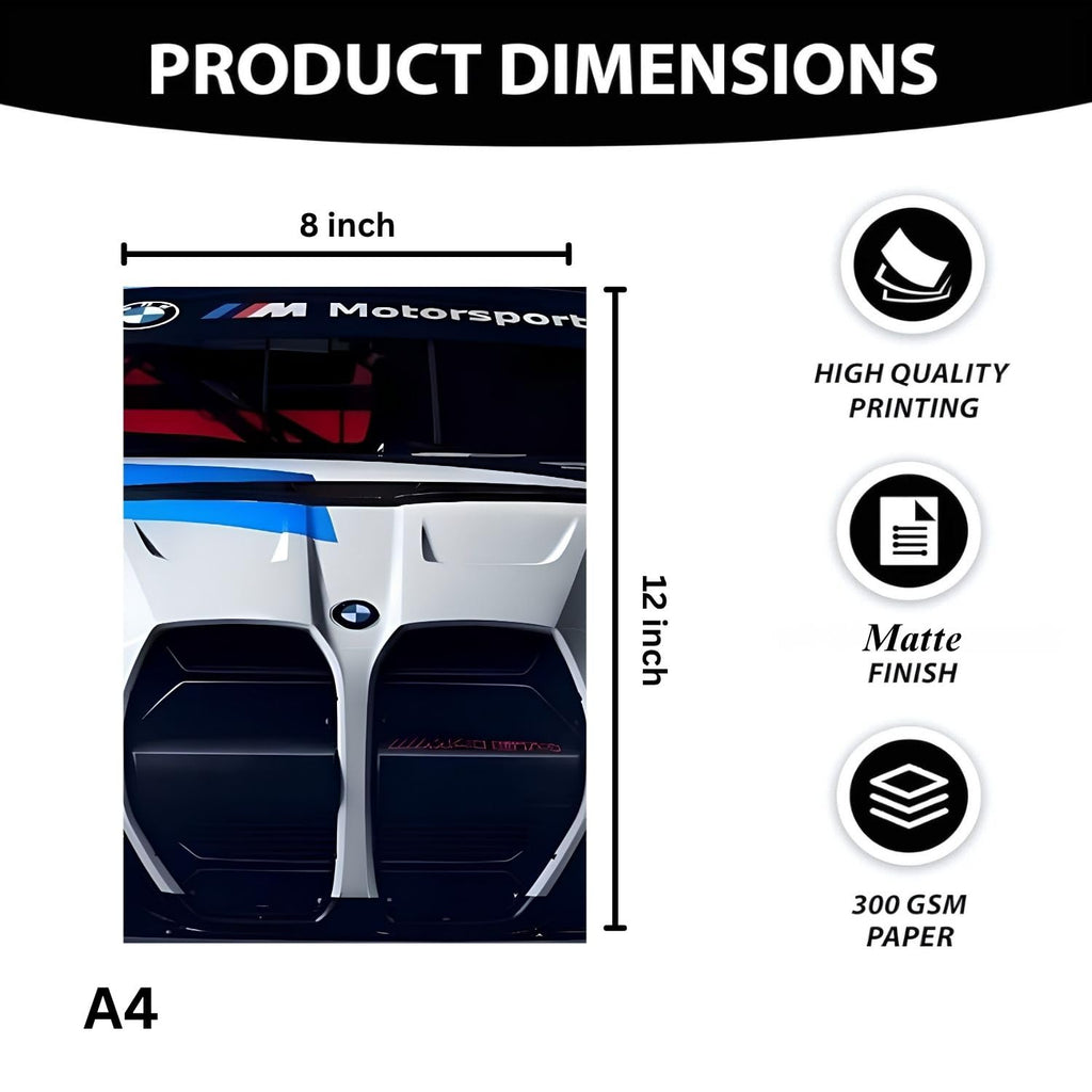 Product dimensions graphic for an A4 size wall decal or sticker, showing a rear view of a white and blue BMW Motorsport race car with measurement labels of 8 inch width and 12 inch height, plus feature icons for high quality printing, matte finish, and 300 GSM paper.