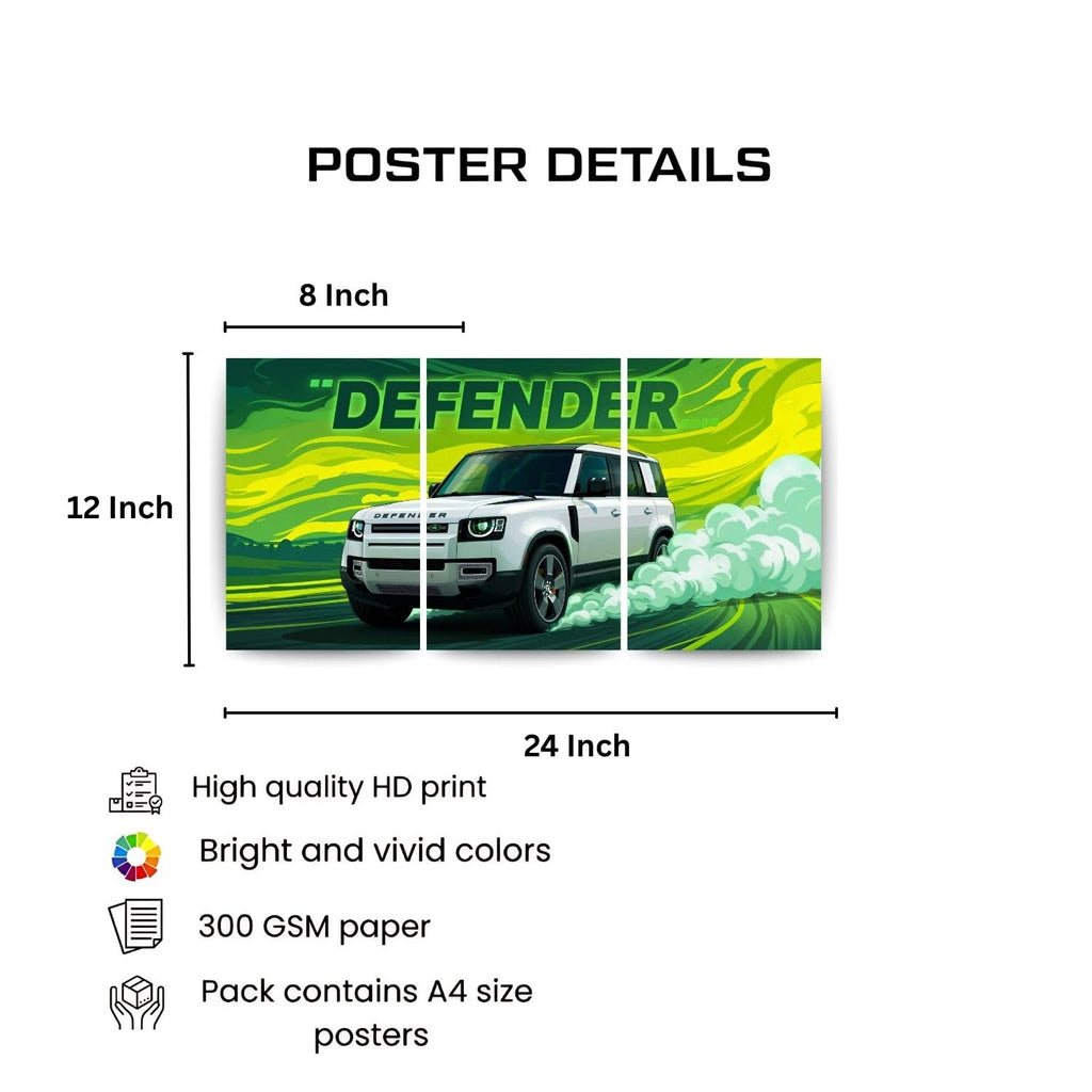 Land Rover Defender Green Drift | Wall Poster 3 Panel