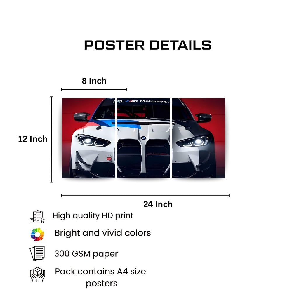 A poster details infographic showing a three-panel car print with dimensions labeled 12 inch by 24 inch and an 8 inch top margin. The poster features a white sports car with blue and red racing stripes on a red background.