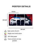 A poster details infographic showing a three-panel car print with dimensions labeled 12 inch by 24 inch and an 8 inch top margin. The poster features a white sports car with blue and red racing stripes on a red background.