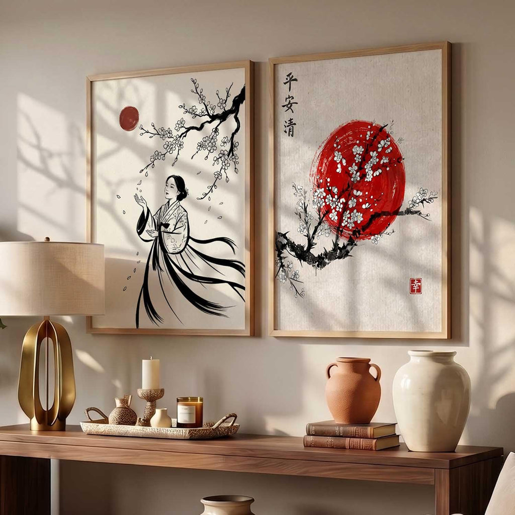 Bushido Sakura & Rising Sun – Japanese Poster Set (Set of 2)
