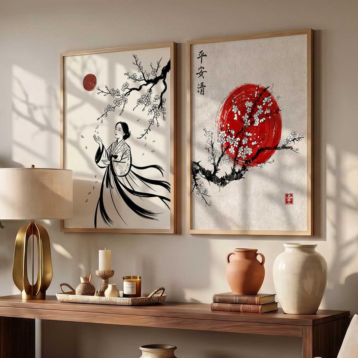 Bushido Sakura & Rising Sun – Japanese Poster Set (Set of 2)