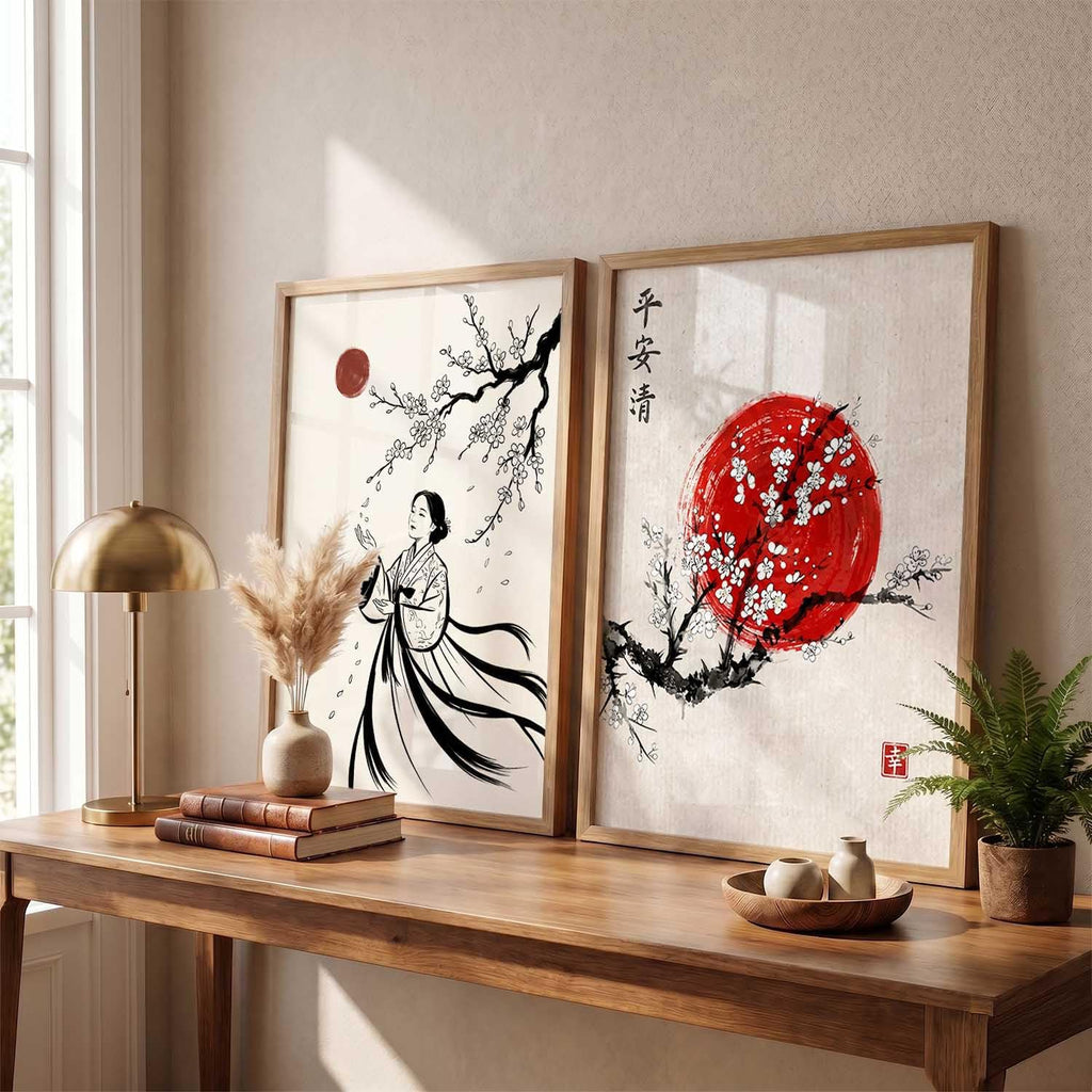 Bushido Sakura & Rising Sun – Japanese Poster Set (Set of 2)