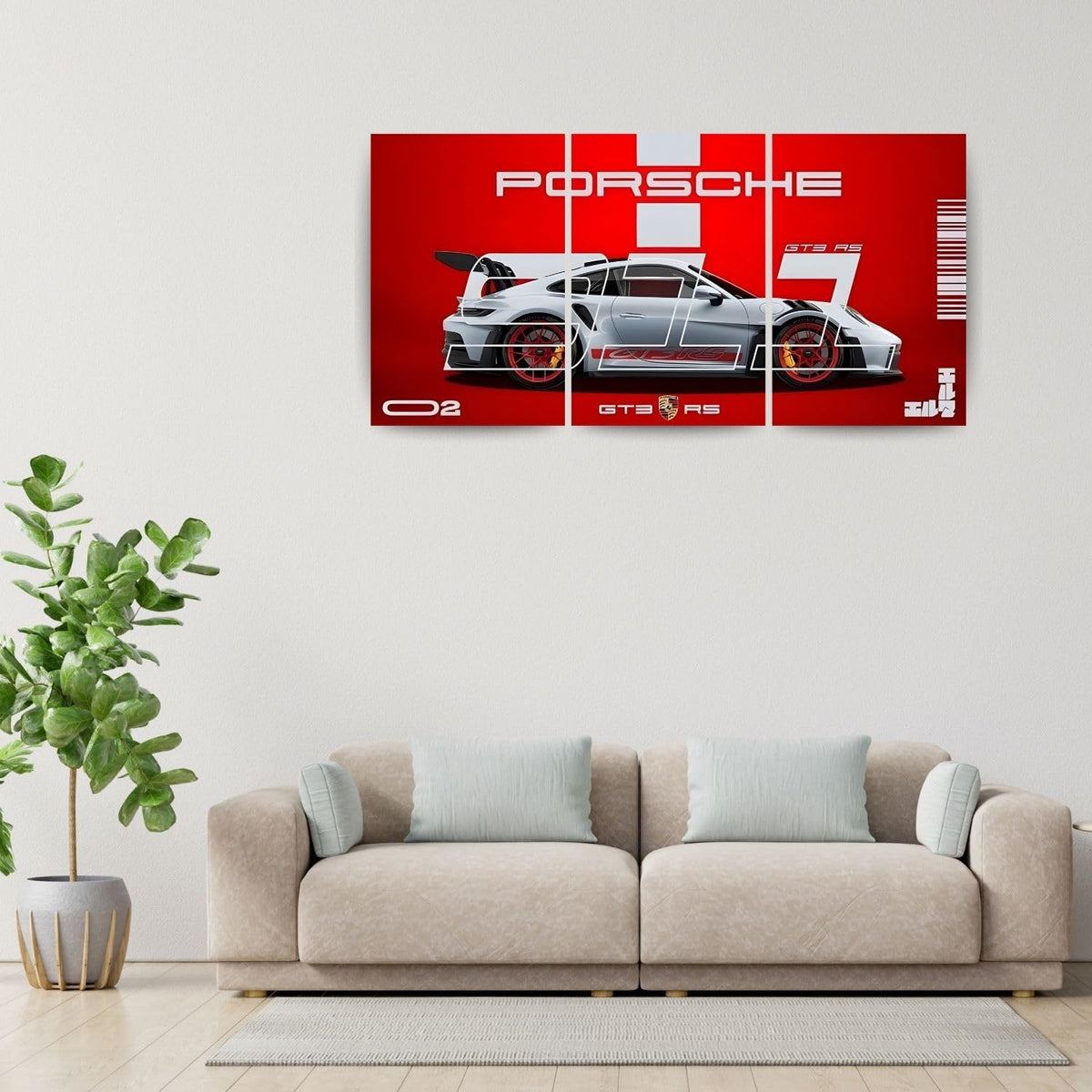 A three-panel canvas wall art print featuring a silver Porsche 911 GT3 RS on a bold red background, displayed in a modern living room setting above a beige sofa with a green potted plant.