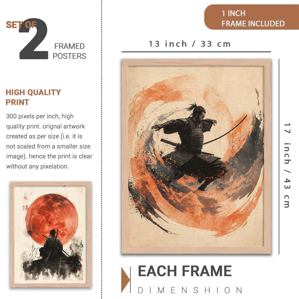Japanese Samurai Framed Poster Set of 2 Pcs