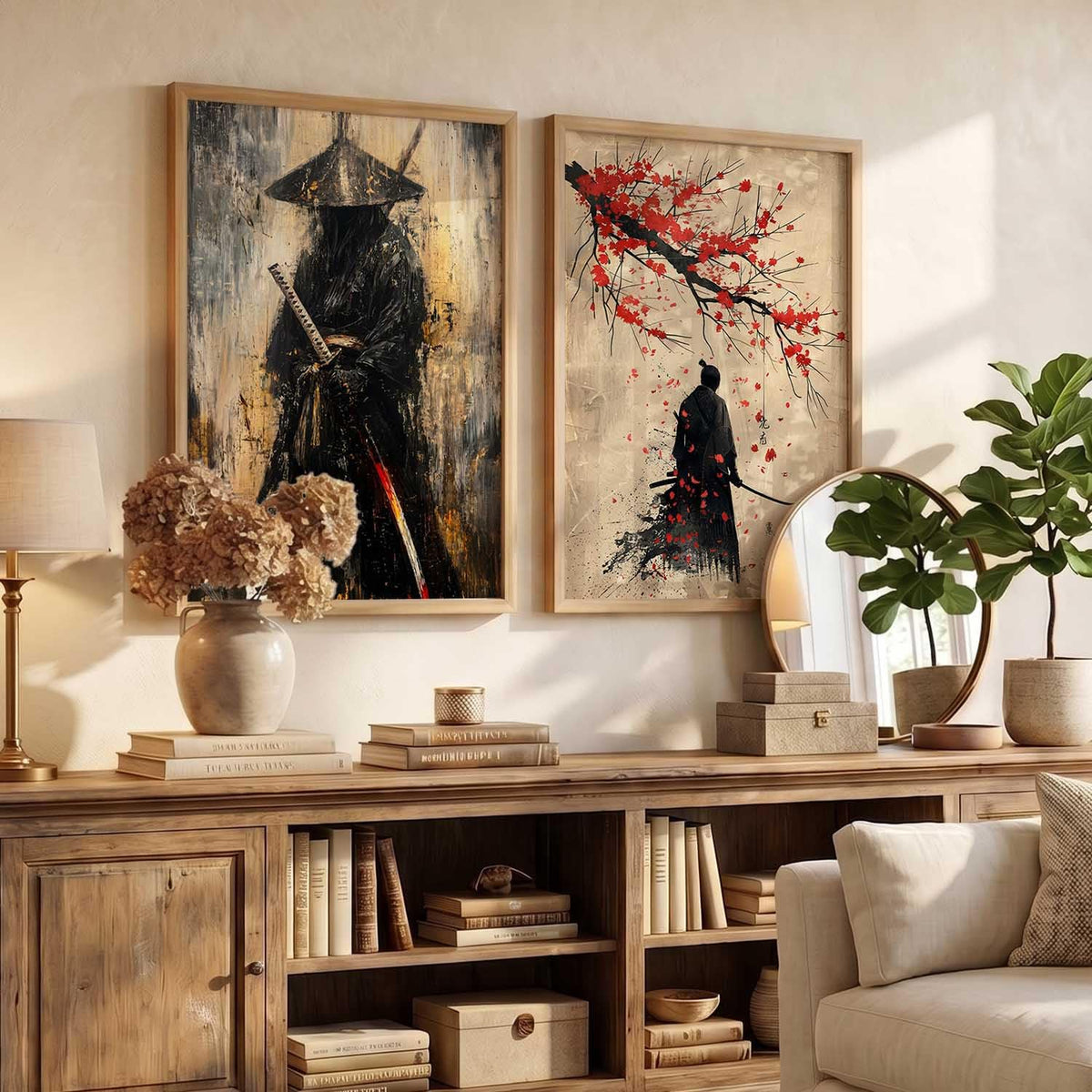 Two framed vertical art prints displayed side-by-side on a beige wall above a rustic wooden console table in a styled living room setting. The left print depicts a samurai warrior in black and gold, and the right print shows a samurai silhouette under red cherry blossoms.