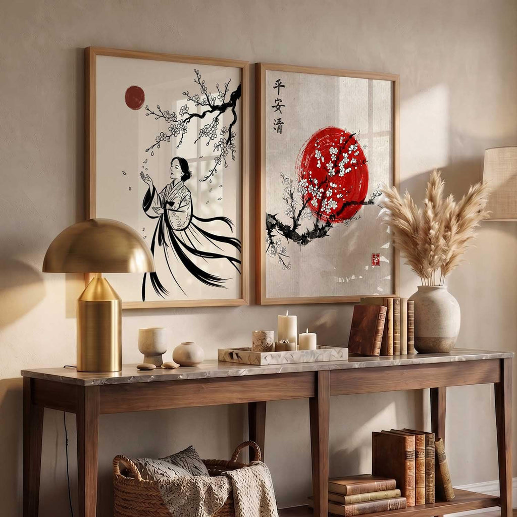 Bushido Sakura & Rising Sun – Japanese Poster Set (Set of 2)