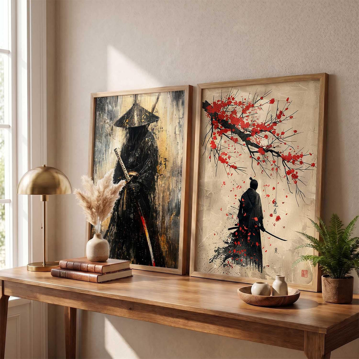 Two framed art prints displayed side-by-side on a wooden console table in a styled room. The left print features a dark samurai warrior in a conical hat against a textured beige and black background.