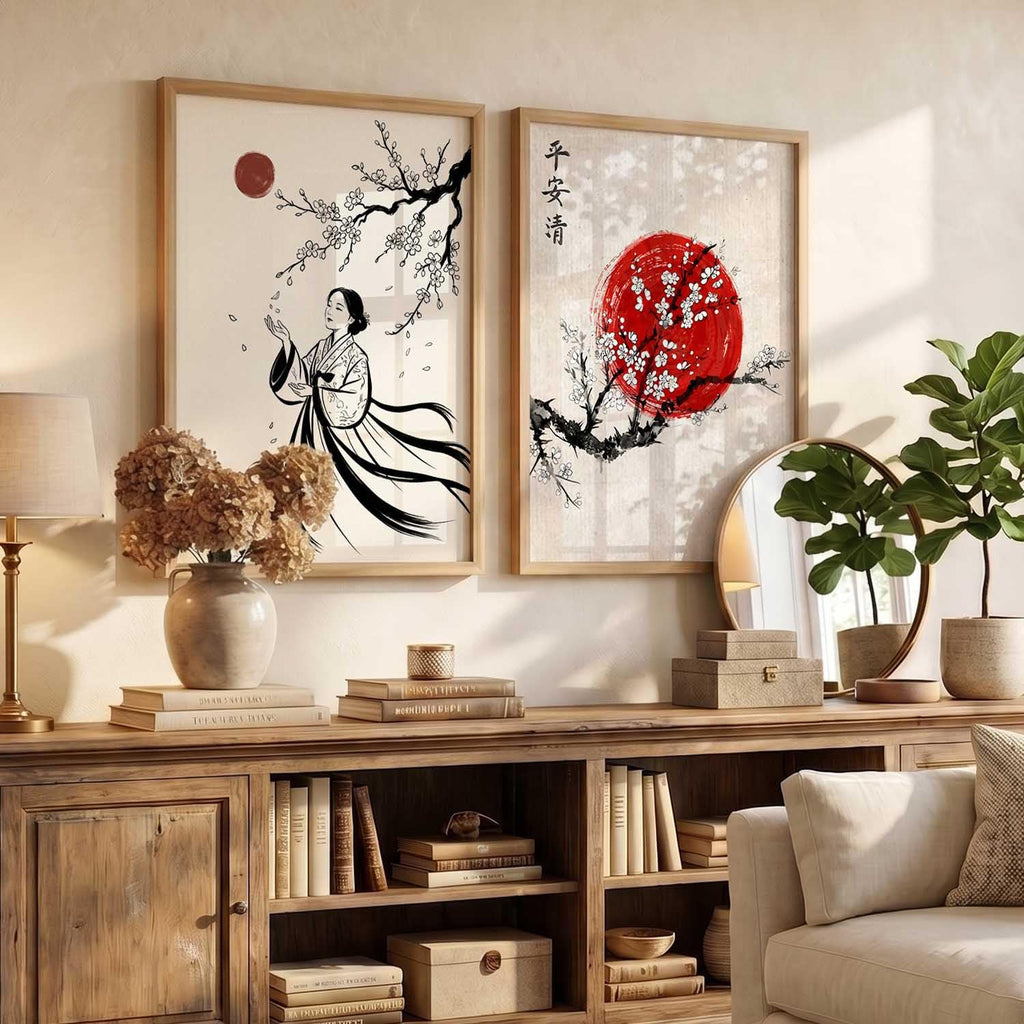Bushido Sakura & Rising Sun – Japanese Poster Set (Set of 2)