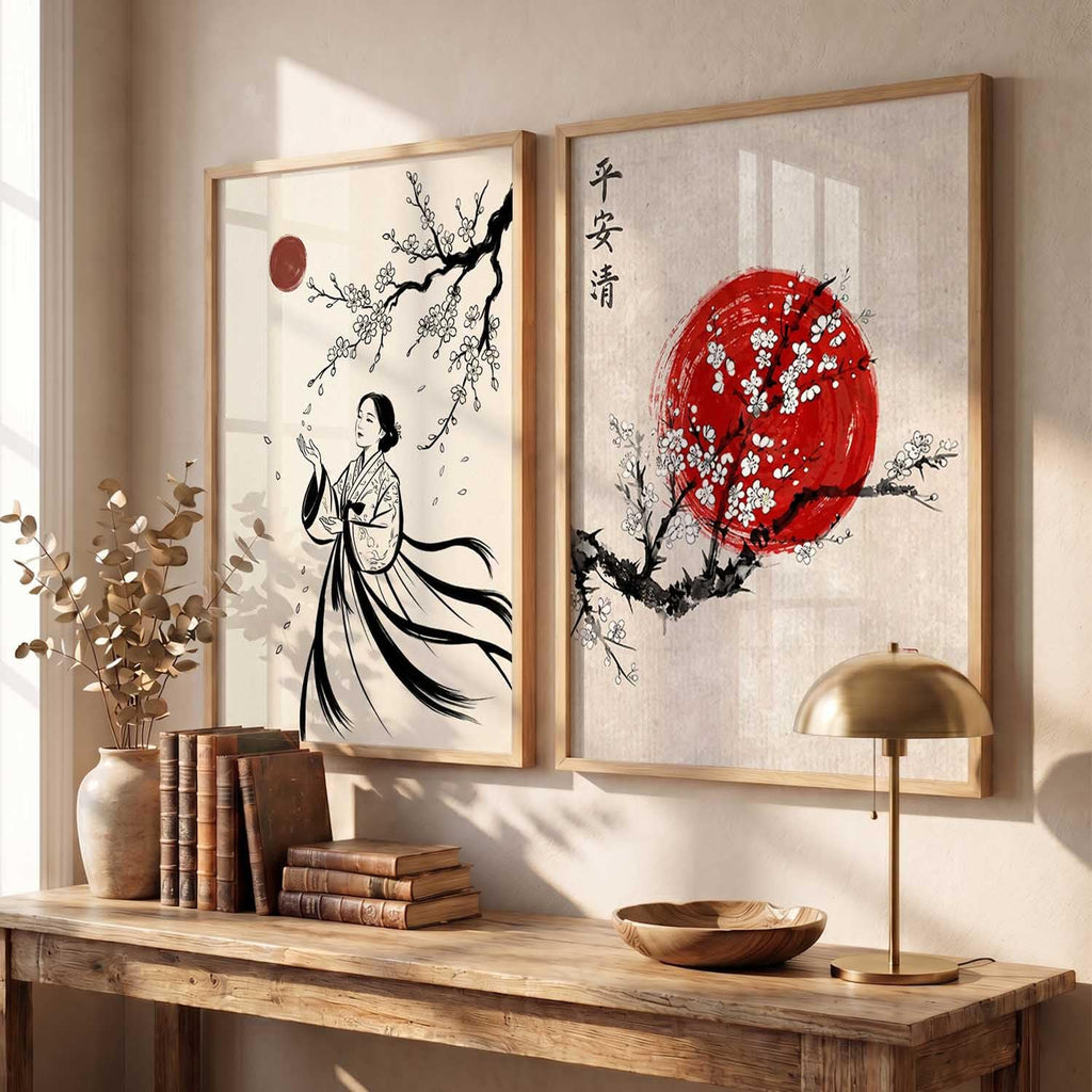 Bushido Sakura & Rising Sun – Japanese Poster Set (Set of 2)