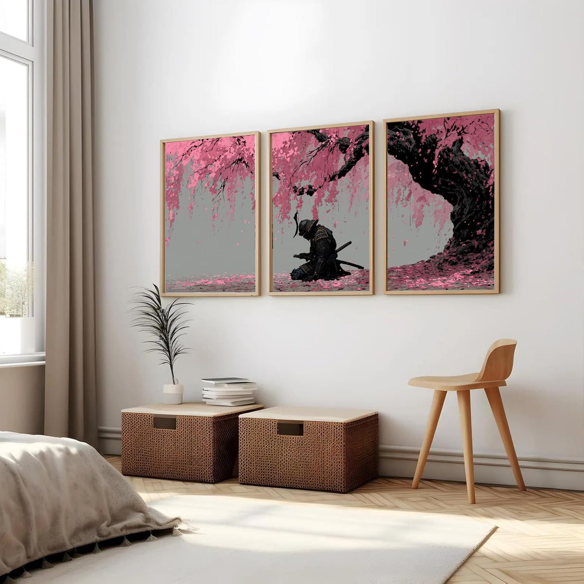 Japanese Cherry Blossom Samurai Wall Art – Set of 3 Frames