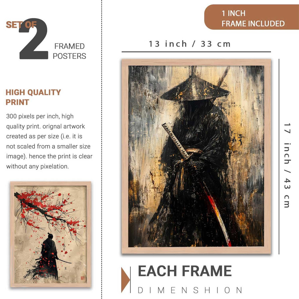A product listing graphic showing a framed art poster with a dark samurai figure holding a sword, alongside text stating it is a set of 2 framed posters, high quality print, 1 inch frame included, and each frame dimension is 13 inch by 17 inch.