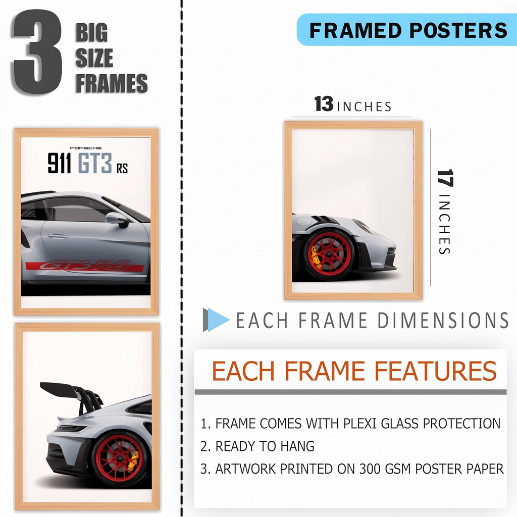 Promotional graphic for framed art prints showing three framed poster options with car imagery and text detailing frame sizes (13 x 17 inches) and features, including Plexi glass protection and 300 GSM poster paper.
